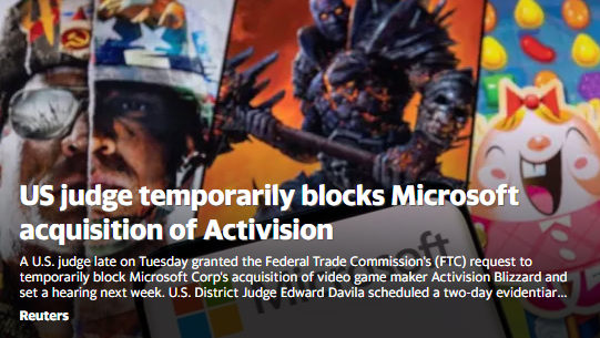 美国法官暂时阻止微软收购 Activision